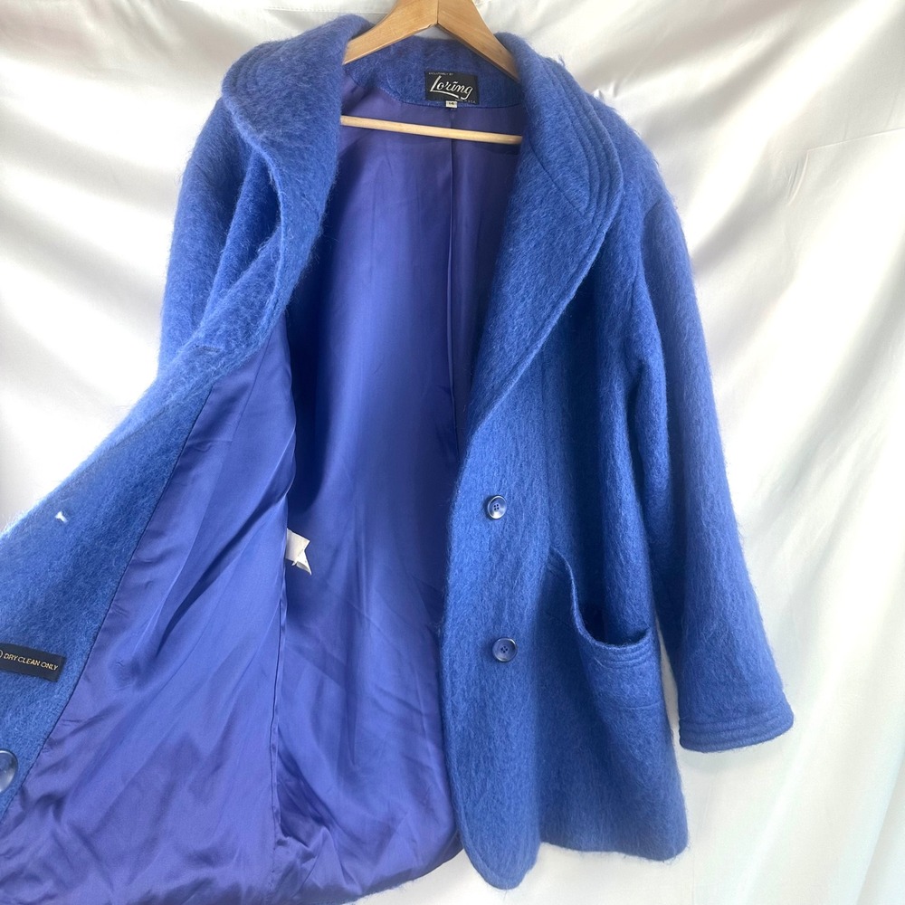 Vintage Mohair Coat Blue Oversized Fuzzy Wool Blend Statement Jacket 80s USA 14 - Picture 16 of 17